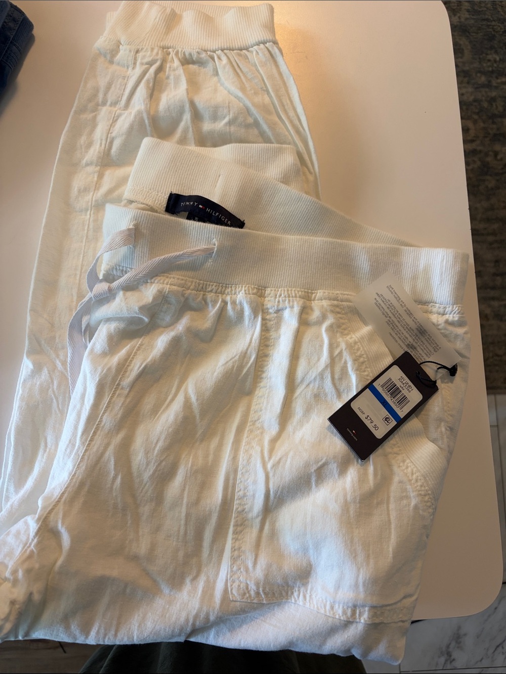 Tommy Hilfiger White Elastic Waist linen ankle Pants with Drawstring pockets NWT